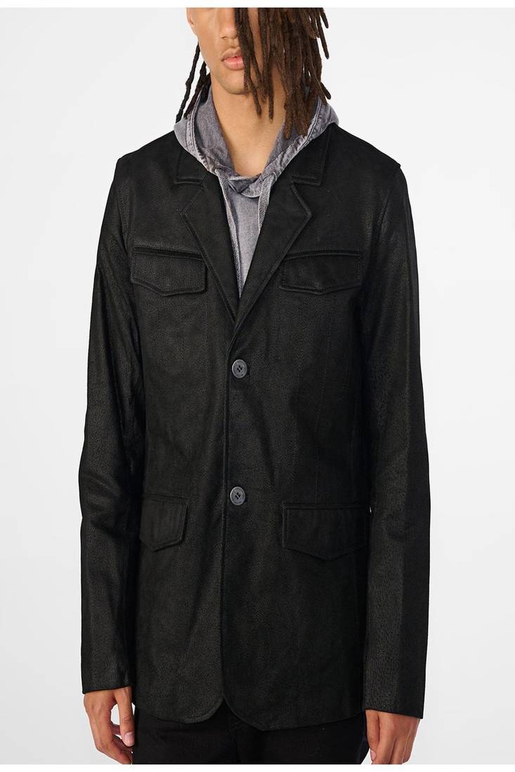 Men's black lambskin leather coat 4 envelope pocket & button detail