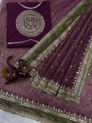 Wine Color Sequance and cording Embroidery Work Twill saree 2
