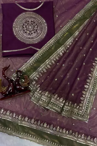 Wine Color Sequance and cording Embroidery Work Twill saree