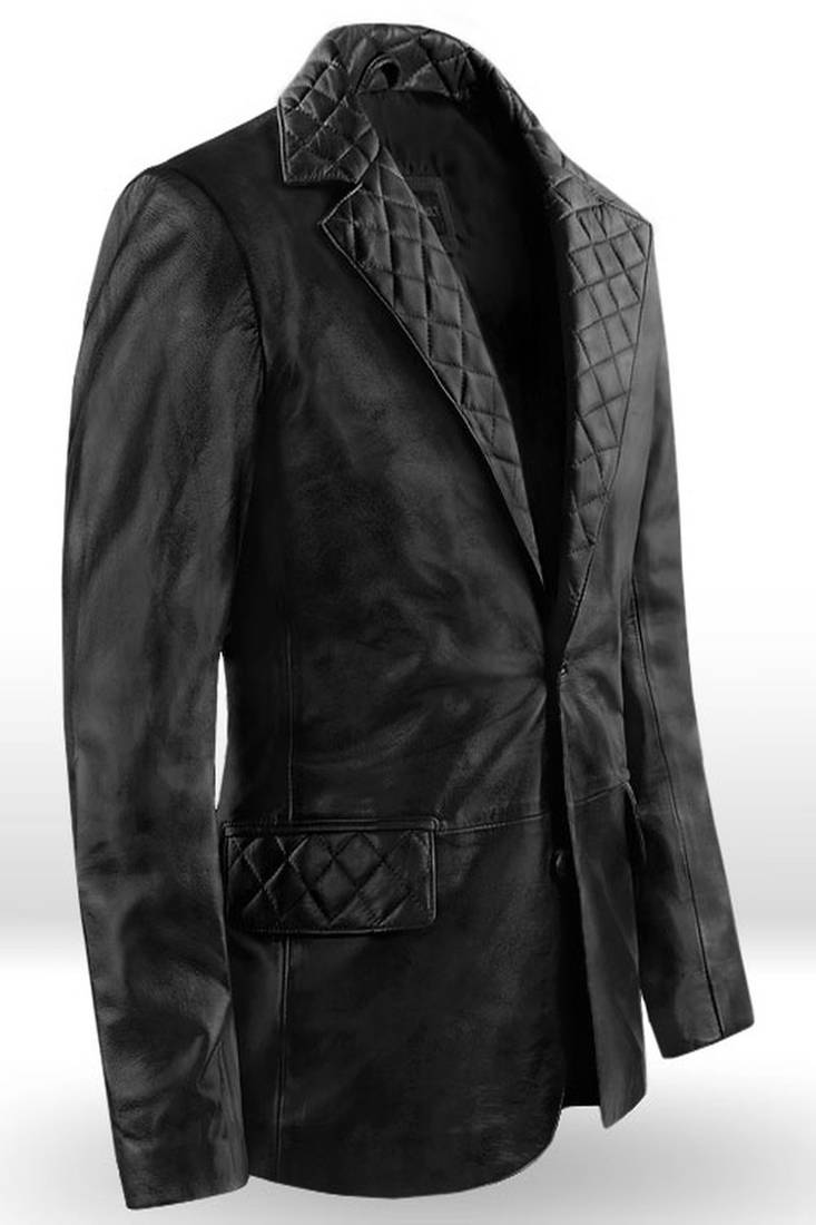 Men's black lambskin leather coat 2 envelope pocket & button  quilted collar detail