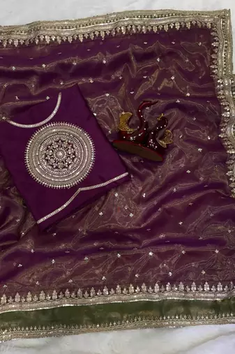 Wine Color Sequance and cording Embroidery Work Twill saree