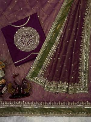 Wine Color Sequance and cording Embroidery Work Twill saree 4