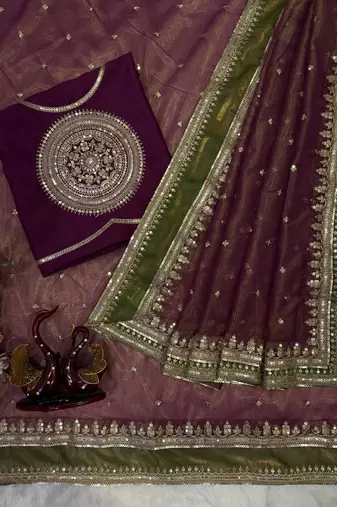 Wine Color Sequance and cording Embroidery Work Twill saree