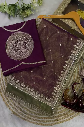 Wine Color Sequance and cording Embroidery Work Twill saree