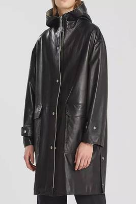 Men's black lambskin leather hooded coat 2 envelope pocket & button café collar detail 1