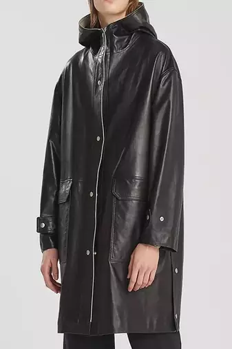 Men's black lambskin leather hooded coat 2 envelope pocket & button café collar detail