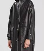 Men's black lambskin leather hooded coat 2 envelope pocket & button café collar detail