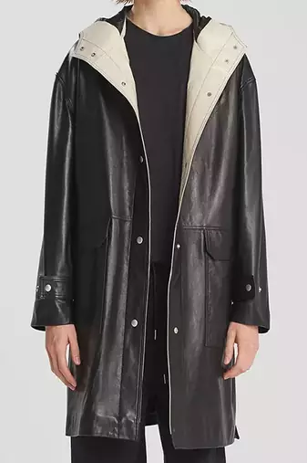 Men's black lambskin leather hooded coat 2 envelope pocket & button café collar detail