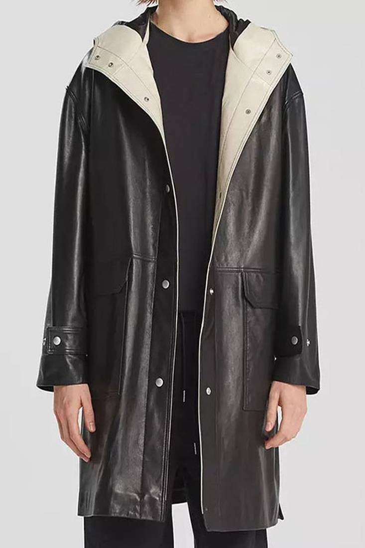 Men's black lambskin leather hooded coat 2 envelope pocket & button café collar detail