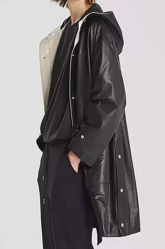 Men's black lambskin leather hooded coat 2 envelope pocket & button café collar detail