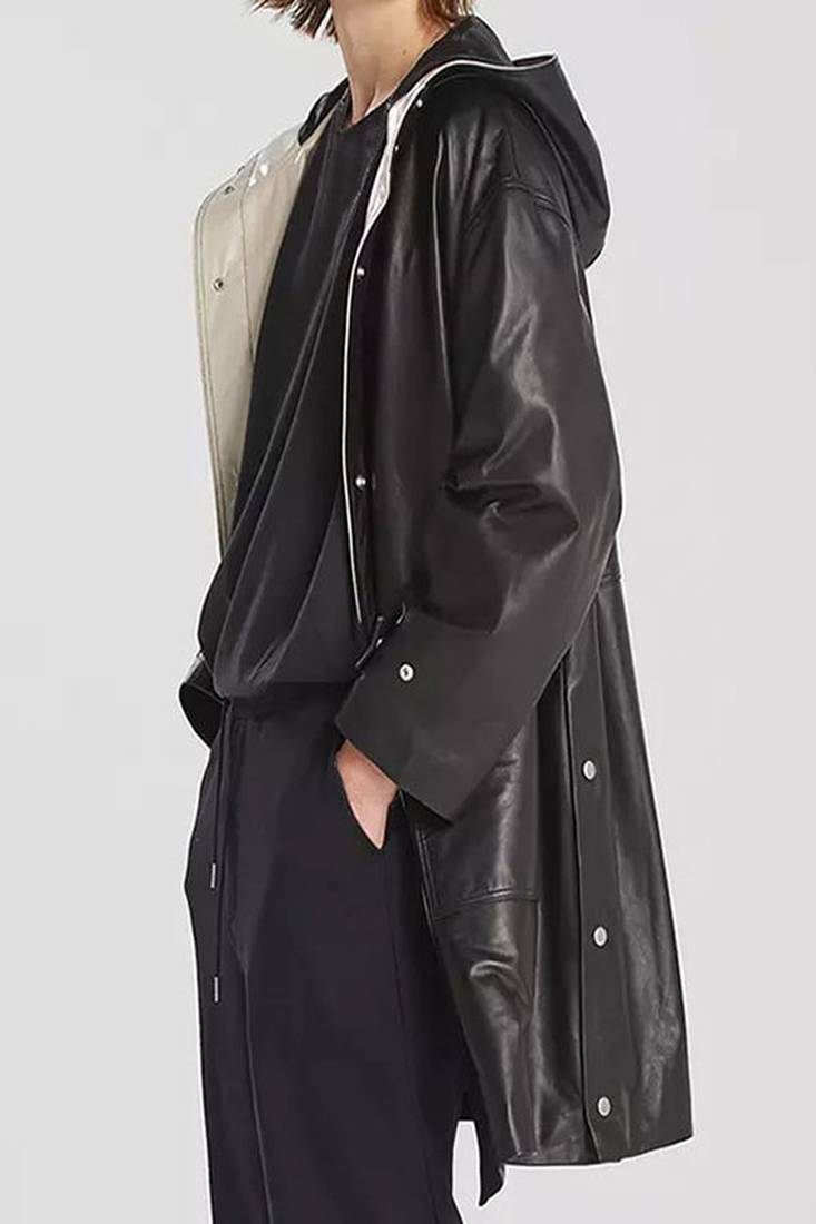 Men's black lambskin leather hooded coat 2 envelope pocket & button café collar detail
