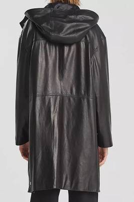 Men's black lambskin leather hooded coat 2 envelope pocket & button café collar detail 4