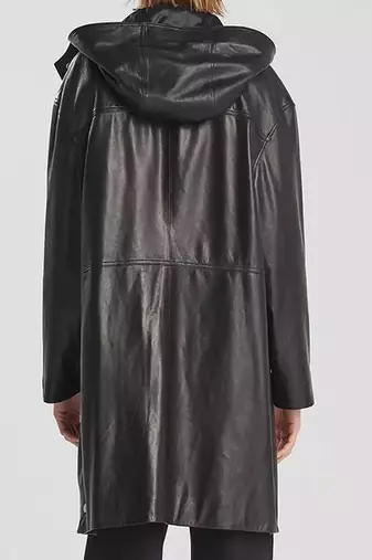 Men's black lambskin leather hooded coat 2 envelope pocket & button café collar detail