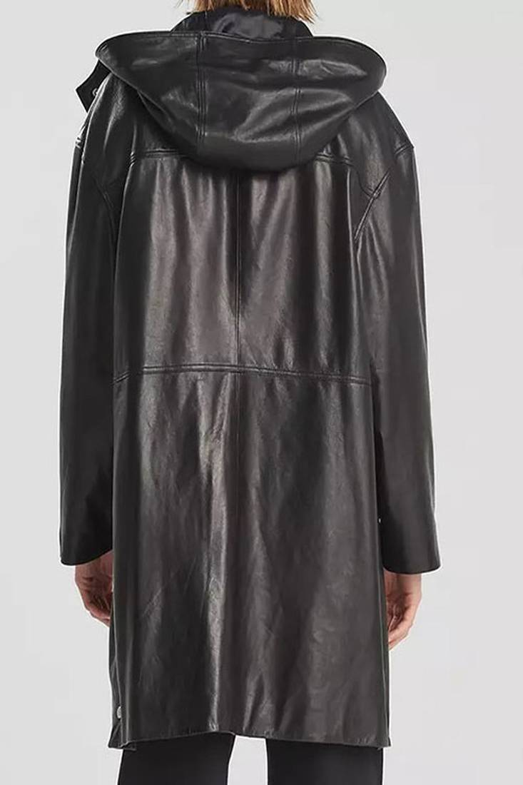 Men's black lambskin leather hooded coat 2 envelope pocket & button café collar detail