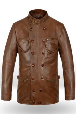 Men's  brown lambskin leather coat 2 envelope pocket & double-breasted buckle strap  detail 1