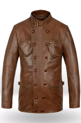 Men's  brown lambskin leather coat 2 envelope pocket & double-breasted buckle strap  detail