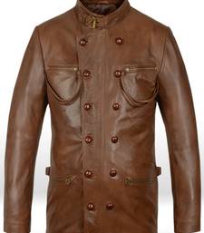 Men's  brown lambskin leather coat 2 envelope pocket & double-breasted buckle strap  detail