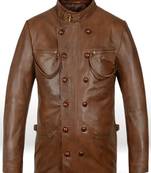 Men's  brown lambskin leather coat 2 envelope pocket & double-breasted buckle strap  detail