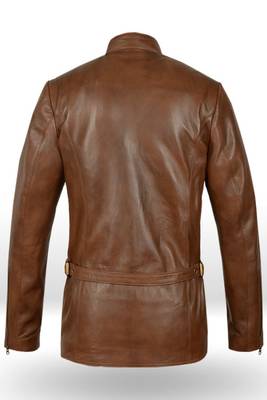 Men's  brown lambskin leather coat 2 envelope pocket & double-breasted buckle strap  detail 2