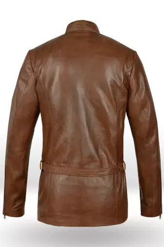 Men's  brown lambskin leather coat 2 envelope pocket & double-breasted buckle strap  detail