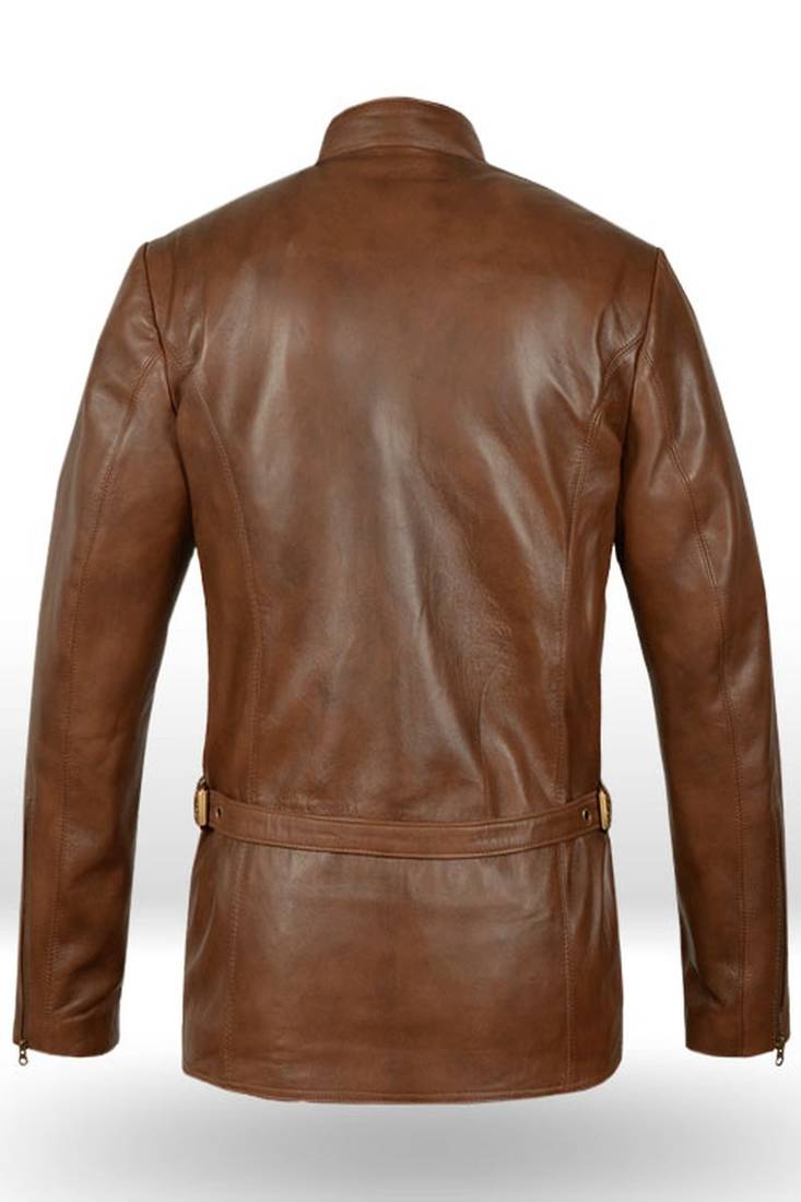 Men's  brown lambskin leather coat 2 envelope pocket & double-breasted buckle strap  detail