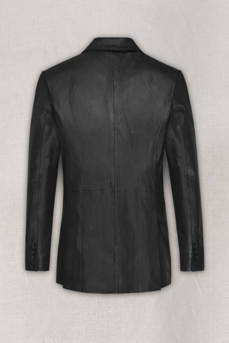 Men's black lambskin leather coat flap pockets &  chest pocket detail