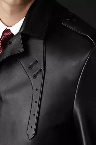 Men's black lambskin leather  coat flap pockets &  chest pocket waist belt detail