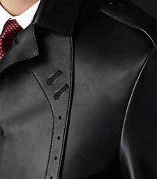 Men's black lambskin leather  coat flap pockets &  chest pocket waist belt detail