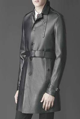 Men's black lambskin leather  coat flap pockets &  chest pocket waist belt detail 1