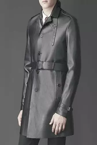 Men's black lambskin leather  coat flap pockets &  chest pocket waist belt detail
