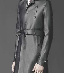 Men's black lambskin leather  coat flap pockets &  chest pocket waist belt detail