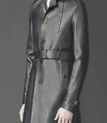Men's black lambskin leather  coat flap pockets &  chest pocket waist belt detail