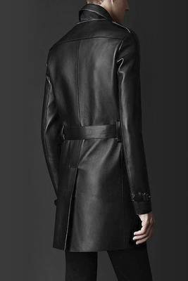 Men's black lambskin leather  coat flap pockets &  chest pocket waist belt detail 3