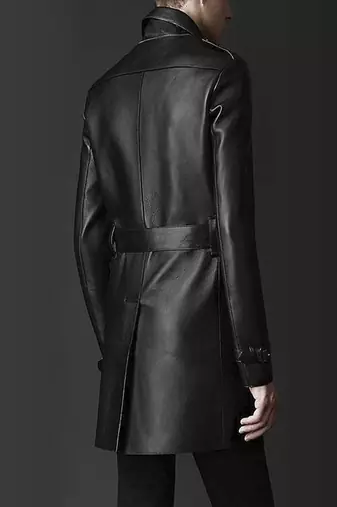 Men's black lambskin leather  coat flap pockets &  chest pocket waist belt detail