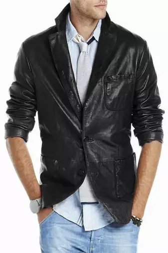 Men's black lambskin leather jacket 2 envelope pocket & button detail