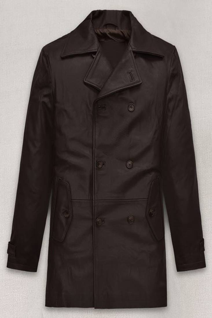 Men's  brown lambskin leather coat 2 pocket &  button  detail