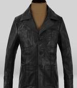 Men's  brown lambskin leather coat 2 pocket &  button  detail