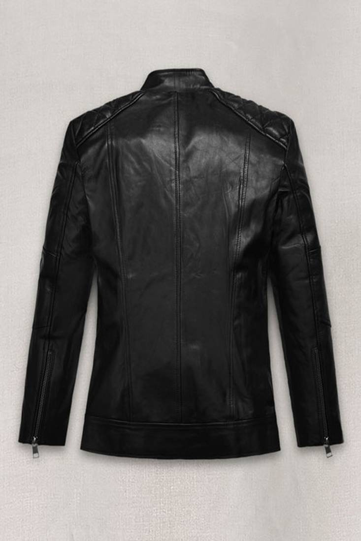 Men's black lambskin leather coat 2 zipper pocket & quilted shoulder  detail