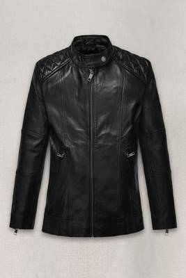 Men's black lambskin leather coat 2 zipper pocket & quilted shoulder  detail 1