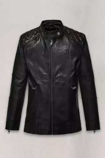 Men's black lambskin leather coat 2 zipper pocket & quilted shoulder  detail