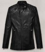 Men's black lambskin leather coat 2 zipper pocket & quilted shoulder  detail