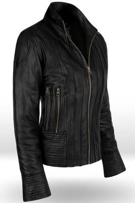 Men's black lambskin leather jacket straight zipper & café racer collar style 1