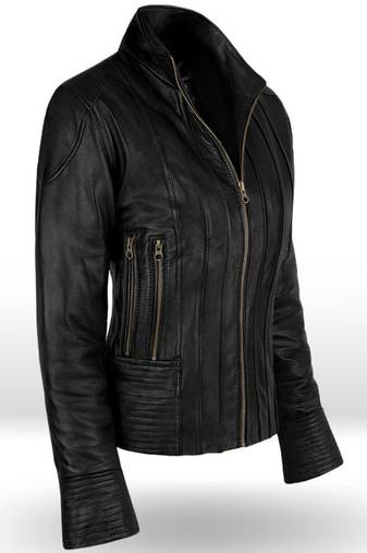 Men's black lambskin leather jacket straight zipper & café racer collar style
