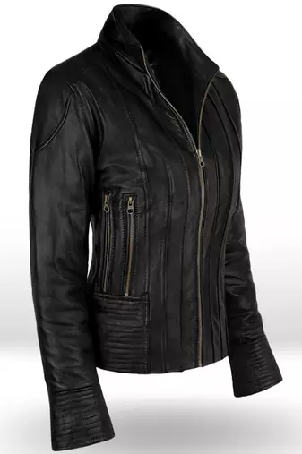 Men's black lambskin leather jacket straight zipper & café racer collar style