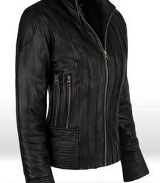Men's black lambskin leather jacket straight zipper & café racer collar style
