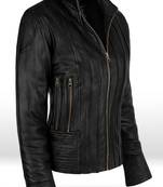 Men's black lambskin leather jacket straight zipper & café racer collar style