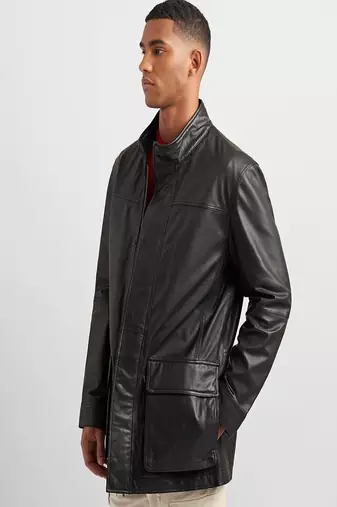 Men's black lambskin leather coat 2 envelope pocket & snap  button detail