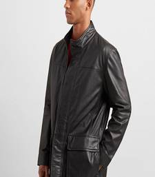 Men's black lambskin leather coat 2 envelope pocket & snap  button detail