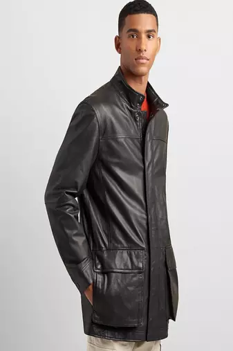 Men's black lambskin leather coat 2 envelope pocket & snap  button detail