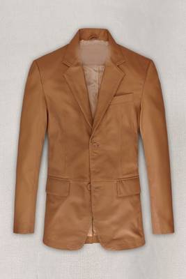 Men's beige   lambskin leather coat 2 flap pocket & button detail 1